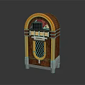 Vintage Wooden Jukebox Audio System With Brown Orange Finish And Retro Decorative Grille Stripes Design