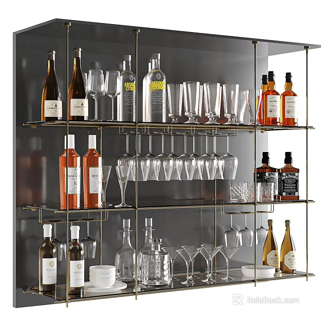 Elegant Wine Bottles and Glasses Collection Displayed on Modern Shelf with Various Types 3d model 