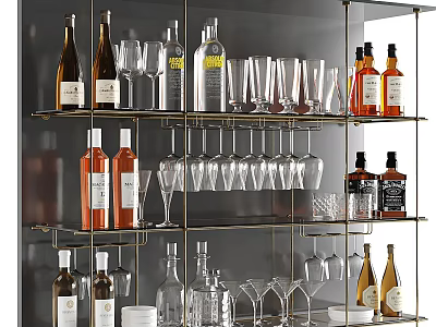 Elegant Wine Bottles and Glasses Collection Displayed on Modern Shelf with Various Types 3d model
