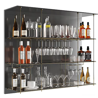 Elegant Wine Bottles and Glasses Collection Displayed on Modern Shelf with Various Types 3d model