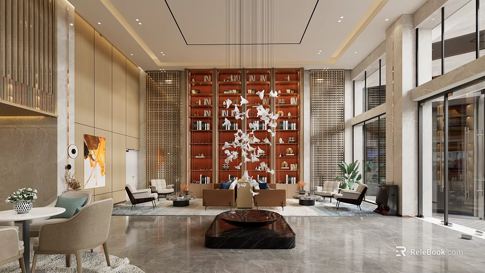 Elegant Hotel Lobby Interior With Luxurious Chandelier Sofa Area And Bookshelf Wall Design 3d model 