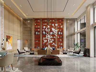 Elegant Hotel Lobby Interior With Luxurious Chandelier Sofa Area And Bookshelf Wall Design 3d model