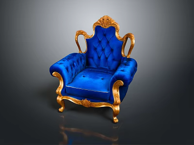 Luxurious Blue Velvet Armchair With Gold Carved Accents And Ornate Design 3d model