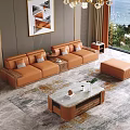 Modern Leather Sofa And Coffee Table Set With Wooden Frame And Ottoman Stool 3d model