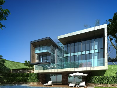 Modern Detached Villa With Large Glass Windows Swimming Pool And Outdoor Lounge Chairs 3d model