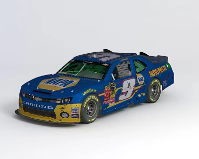 Blue Chevrolet Racing Car Display In Modern Tech Exhibition Hall With Number 4 Logo 3d model