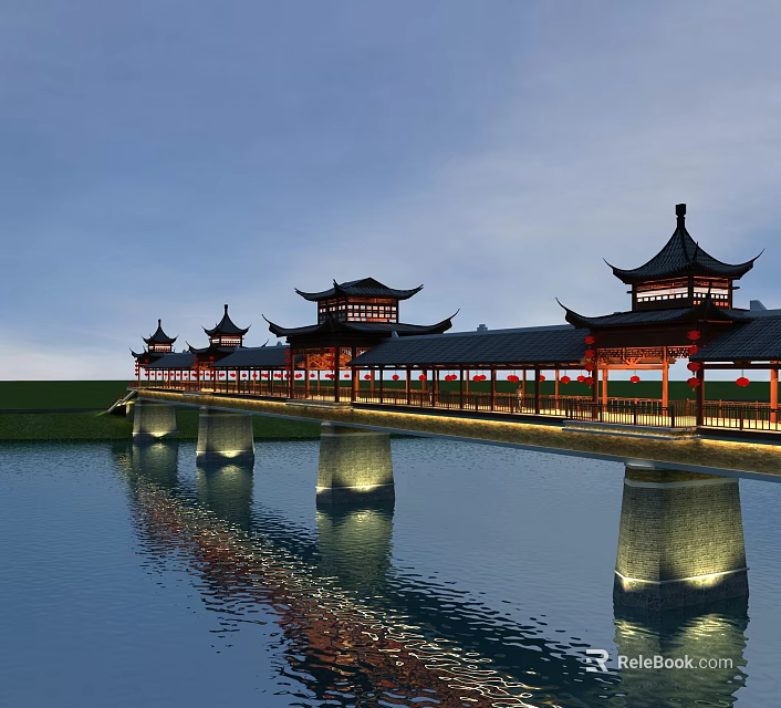 Traditional Chinese Bridge with Illuminated Pavilions and Water Surface Reflection in Evening Sky 3d model 