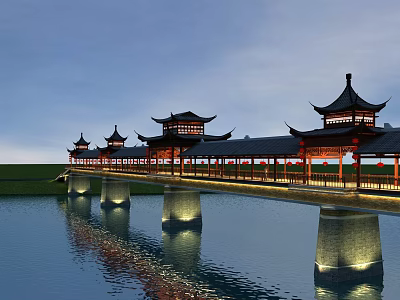 Traditional Chinese Bridge with Illuminated Pavilions and Water Surface Reflection in Evening Sky 3d model