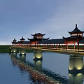 Traditional Chinese Bridge with Illuminated Pavilions and Water Surface Reflection in Evening Sky