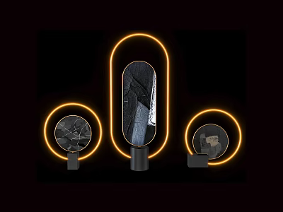Three Modern Table Lamps With Orange Neon Ring Lights On Black Background 3d model