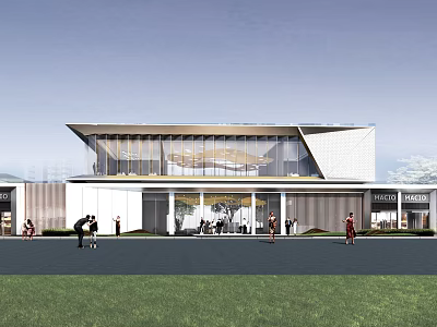 Modern Sales Office Building Featuring Glass Curtain Wall Spacious Entrance And Green Lawn 3d model