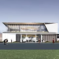 Modern Sales Office Building Featuring Glass Curtain Wall Spacious Entrance And Green Lawn