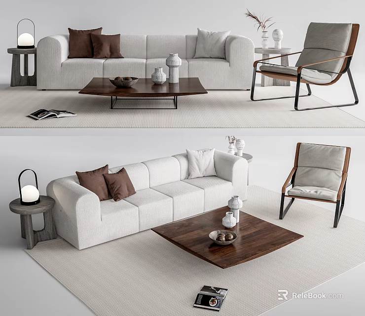 Modern Linen Sofa And Wooden Coffee Table Set With Accent Chair And Decorative Lamps 3d model 
