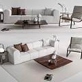Modern Linen Sofa And Wooden Coffee Table Set With Accent Chair And Decorative Lamps