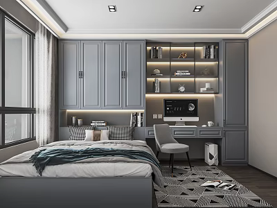 Modern Tatami Bedroom Interior With Grey Storage Cabinets Lit Bookshelves Desk And Chair 3d model