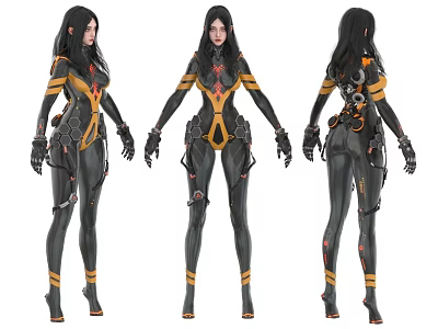Futuristic Sci Fi Woman in Black Yellow Red Form Fitting Tech Suit 3d model