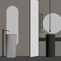 Modern Luxury Bathroom Interior With White Sink Round Mirror Gray Console Plants And Decorative Painting