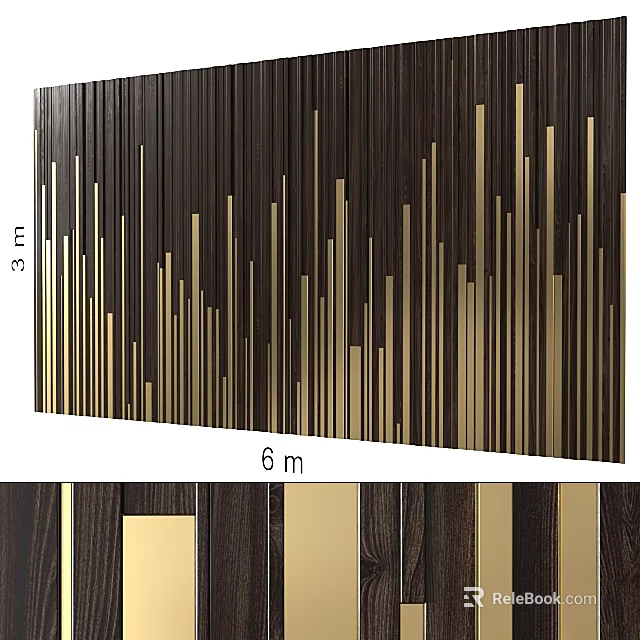 Dark Wooden Wall Decor With Golden Vertical Strips And 3m x 6m Size 3d model 