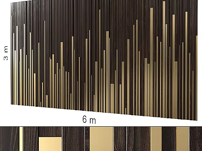 Dark Wooden Wall Decor With Golden Vertical Strips And 3m x 6m Size 3d model
