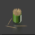 Green Container Tableware Set With Wooden Toothpicks Inside And Scattered Around 3d model
