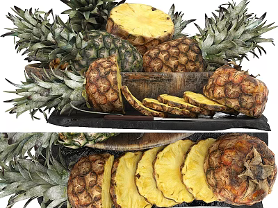 Fresh Ripe Pineapple Display Including Whole Fruits Sliced Wedges And Green Tops 3d model
