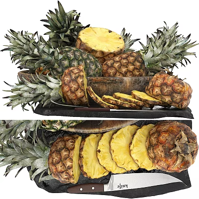 Fresh Ripe Pineapple Display Including Whole Fruits Sliced Wedges And Green Tops 3d model