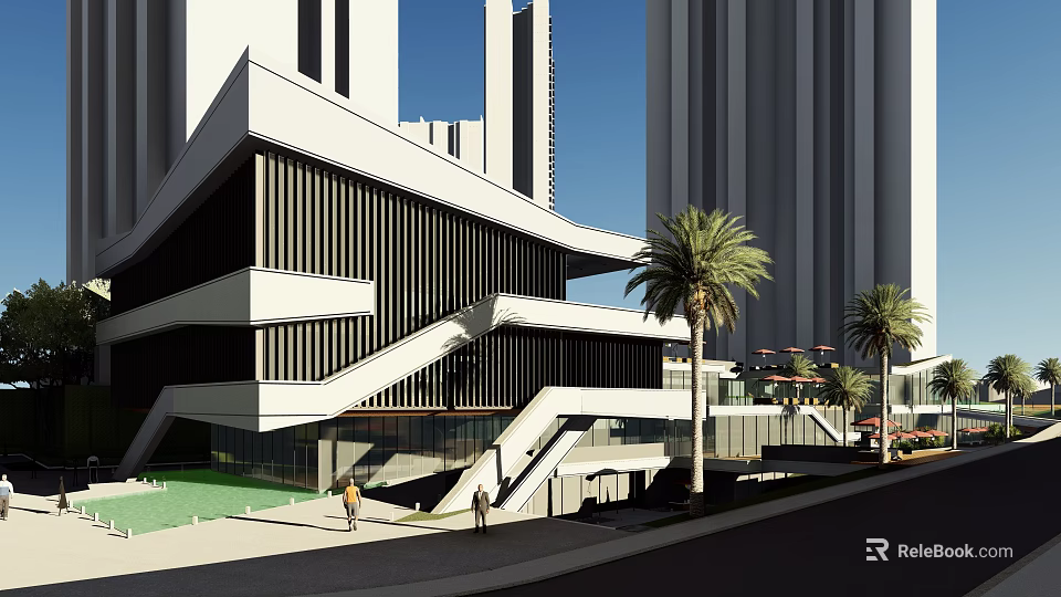 Modern Commercial Street With Geometric Architecture Palm Trees And Pedestrian Open Space 3d model 