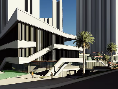 Modern Commercial Street With Geometric Architecture Palm Trees And Pedestrian Open Space 3d model