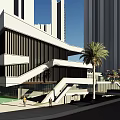 Modern Commercial Street With Geometric Architecture Palm Trees And Pedestrian Open Space