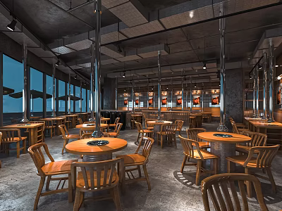 Industrial Style Restaurant Interior With Round Wooden Tables Chairs And Large Windows 3d model