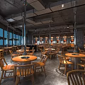 Industrial Style Restaurant Interior With Round Wooden Tables Chairs And Large Windows
