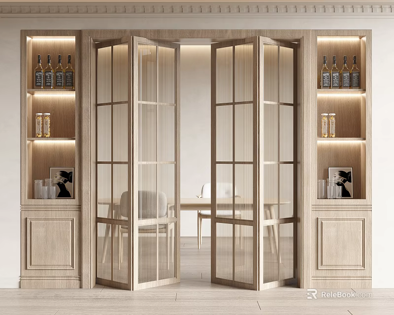 Elegant Glass Folding Doors In Dining Interior With Light Wood Wine Shelves And Table 3d model 