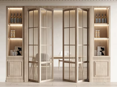Elegant Glass Folding Doors In Dining Interior With Light Wood Wine Shelves And Table 3d model