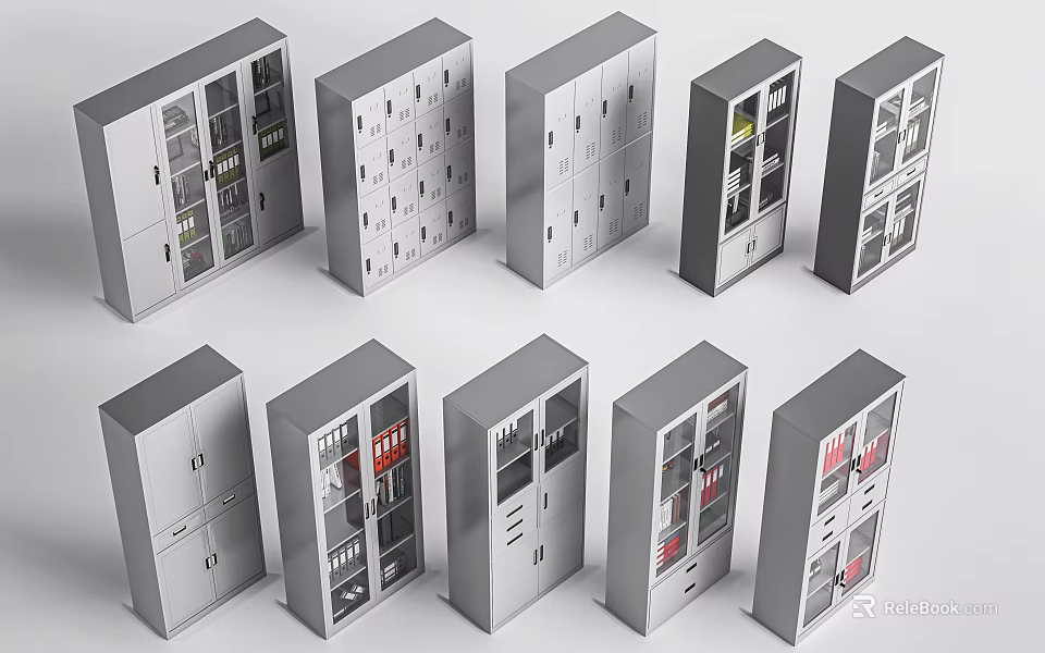 Various Modern Gray Storage Cabinets With Glass And Solid Doors For Organization 3d model