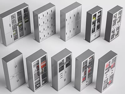 Various Modern Gray Storage Cabinets With Glass And Solid Doors For Organization 3d model