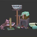 Cat Furniture and Accessories Set with Scratching Post Bed Carrier Toys and Food Bowl
