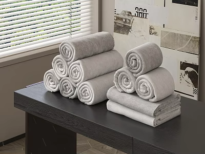 Light Gray Towels Neatly Stacked On Dark Table By Window 3d model