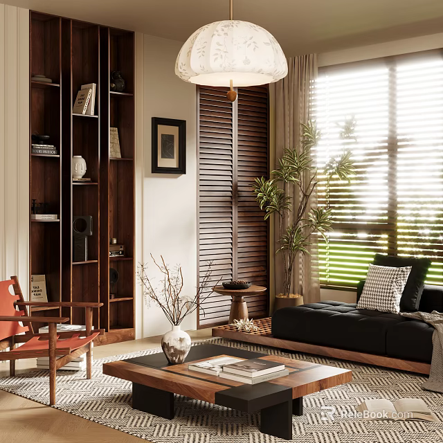 Cozy Living Room Interior With Bookshelf Sofa Coffee Table Plants Blinds And Wall Art Decor 3d model 
