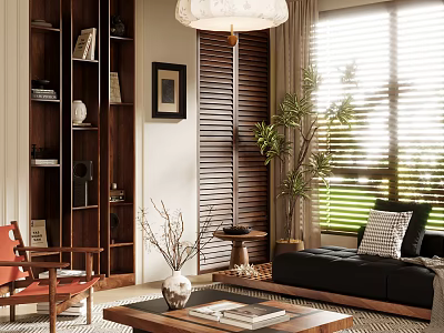 Cozy Living Room Interior With Bookshelf Sofa Coffee Table Plants Blinds And Wall Art Decor 3d model