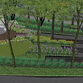 Serene Park Landscape With Lush Trees Round White Pavilion Flower Beds And Benches