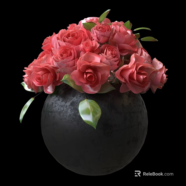 Blooming Pink Roses In Black Vase With Fresh Green Leaves 3d model 
