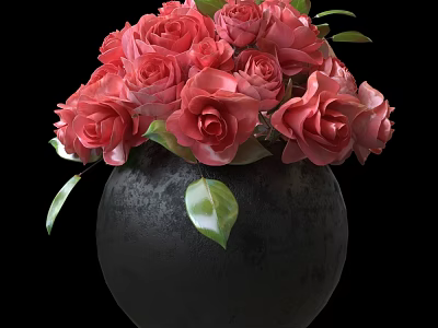 Blooming Pink Roses In Black Vase With Fresh Green Leaves 3d model