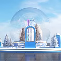 Christmas Photo Check In Spot with Giant Snow Globe Blue Steps and Decorated Christmas Trees