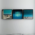 Modern Three Panel Wall Art With Blue Tones Seascape Figures And Architecture 3d model