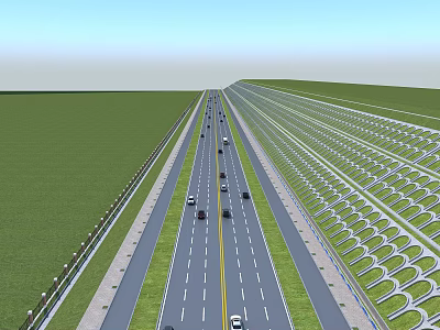 Highway road facilities featuring multiple lanes central yellow line green grass verges and moving vehicles 3d model