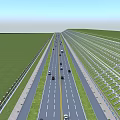 Highway road facilities featuring multiple lanes central yellow line green grass verges and moving vehicles