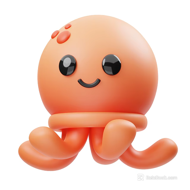 Cute Cartoon Orange Octopus With Big Black Eyes Smiling Face And Curved Tentacles 3d model 