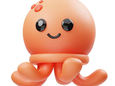 Cute Cartoon Orange Octopus With Big Black Eyes Smiling Face And Curved Tentacles 3d model