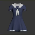 Blue Sailor Style Dress With White Collar Short Sleeves And Ribbon Tie