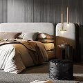 Modern Bedroom Interior With Gray Wooden Wall Minimalist Bed Frame Beige Bedding Black Armchair